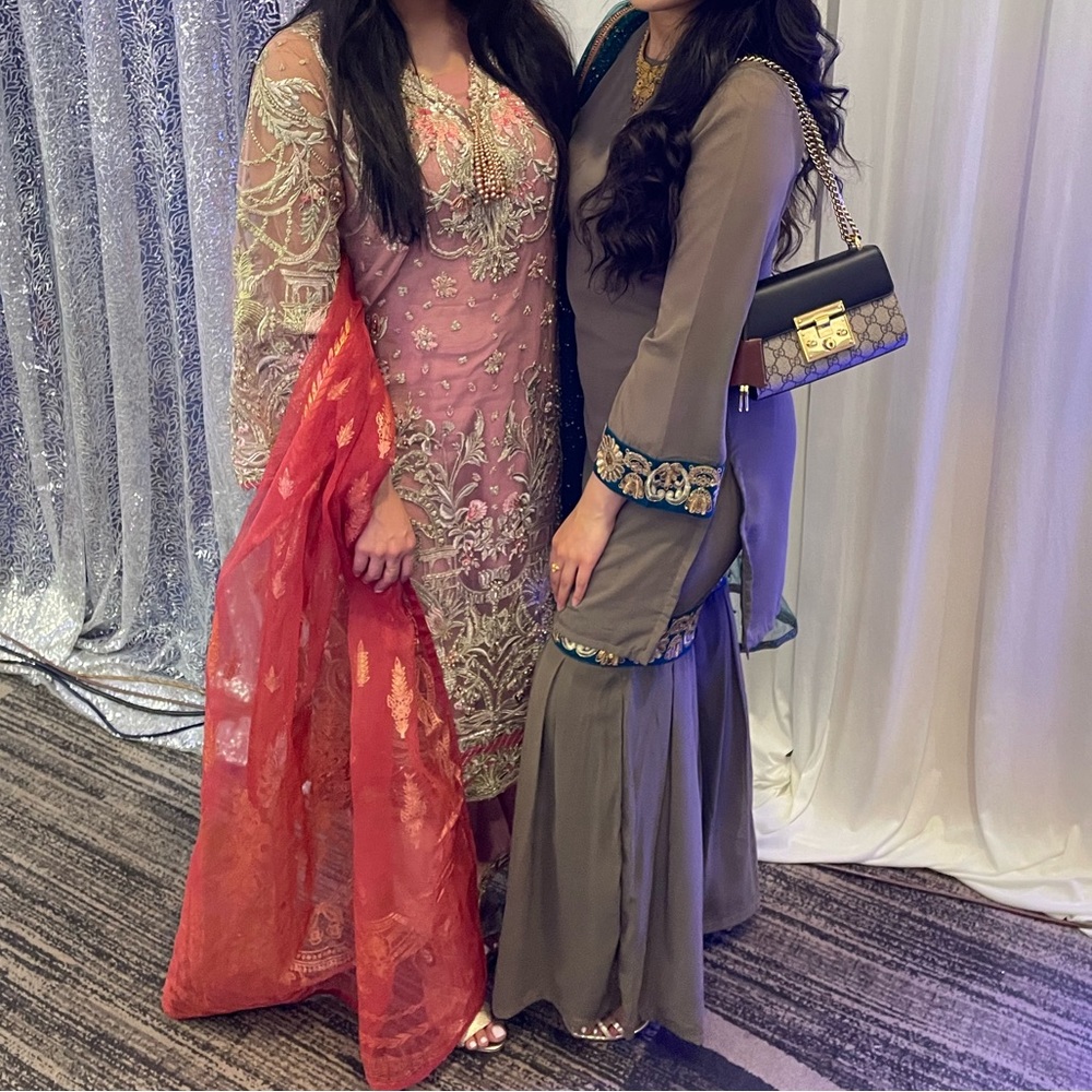 Pakistani Taupe and Teal and Gold Gharara 3 Piece
